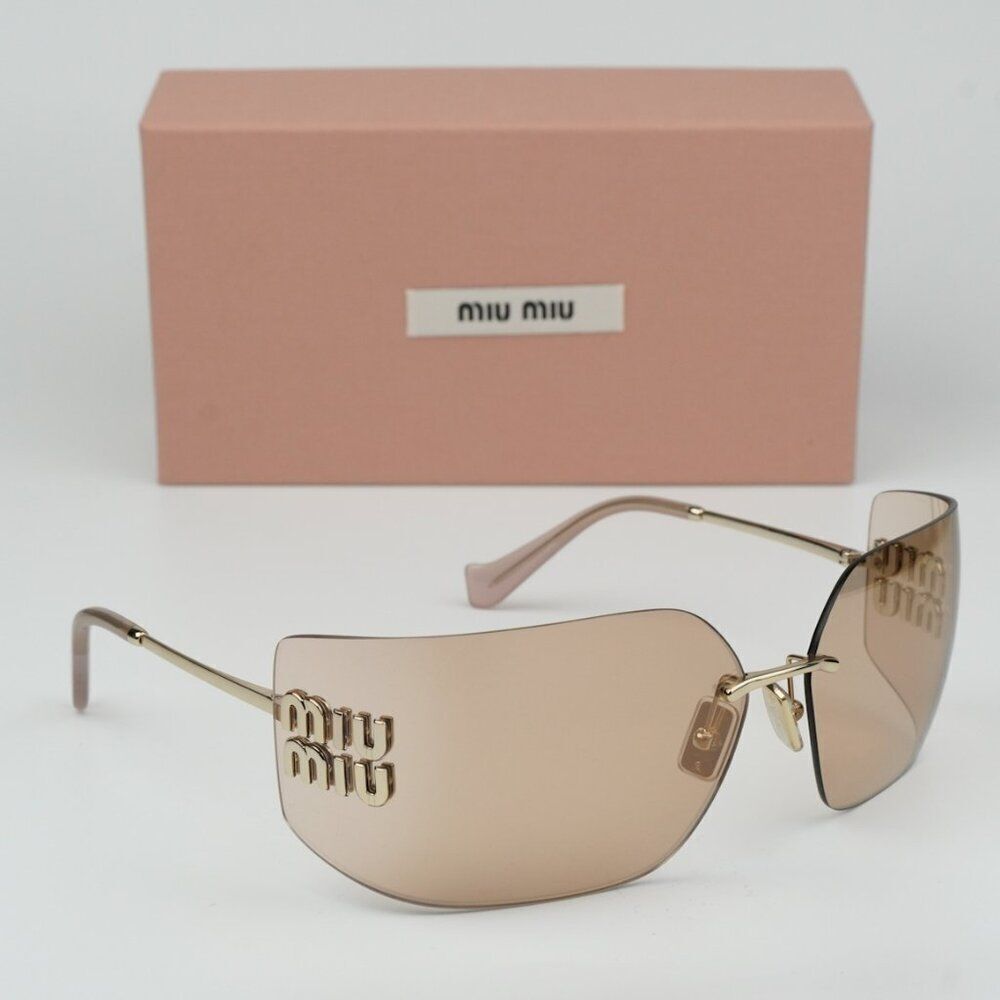 NEW Miu Miu MU54YS ZVN20F Gold Pink Mirror Wraparound Rimless Women Sunglasses